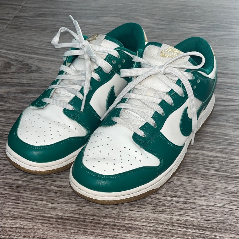 Nike Dunks Green and White Women's Sneakers with Gold Accents